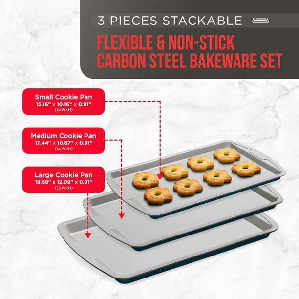 Bakken Swiss 3-Piece Cookie Sheet Set - Non-Stick, Stackable Baking Pans with Premium Ceramic Coating – Dishwasher Protected for House Baking