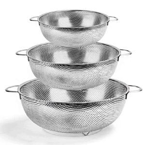 Coliware Set of three Stainless Metal Micro-Perforated Colanders for Draining and Rinsing – 1, 3, and 5 Quart Sizes