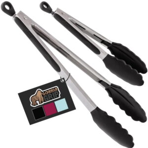 Gorilla Grip Pair of Stainless Metal Warmth-Resistant Kitchen Tongs, 7-Inch and 12-Inch, Black