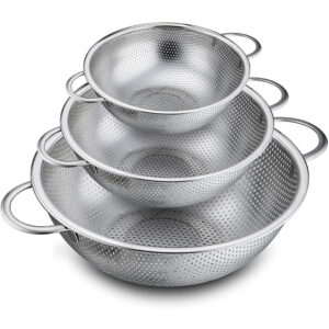 VeSteel Set of three Stainless Metal Micro-Perforated Colanders – Sturdy Strainers for Draining, Rinsing, and Washing Pasta, Greens, and Fruits, Dishwasher Secure